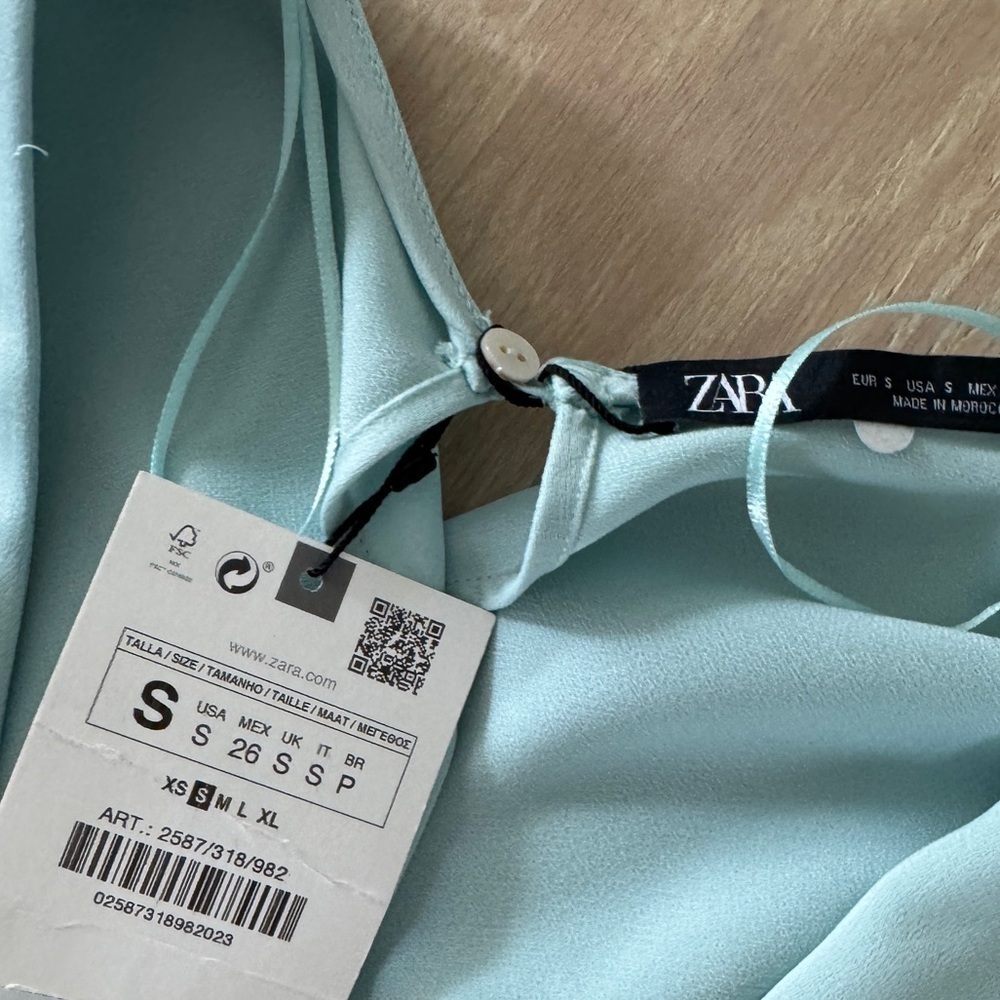 ZARA Blue Satin Wrap Mini Dress Balloon Long Sleeve Belted S - Picture 3 of 5